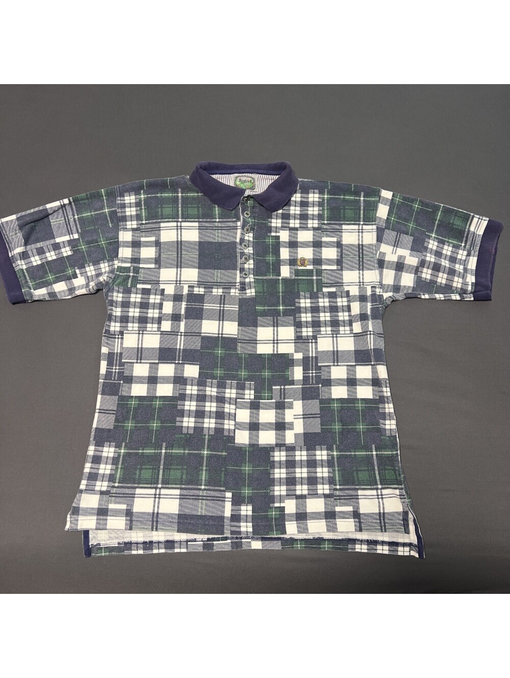 Vintage Siegfried XL Short Sleeve 6-Button Polo Golf Shirt Blue Grn White Plaid